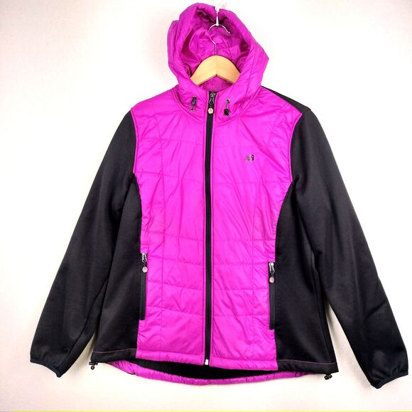 New Balance Jacket Womens Large Pink Black Puffer Lightweight Hooded Performance - Picture 1 of 16